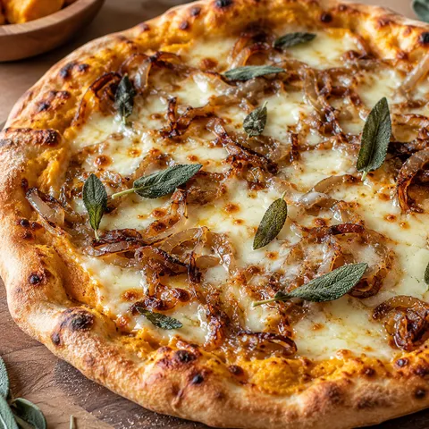Savory pumpkin pizza with caramelized onions, melted Havarti, and fresh sage on a golden crust