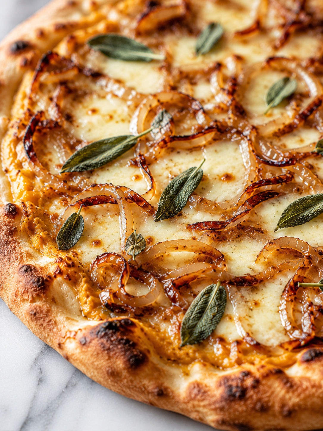 Savory Pumpkin Pizza with Caramelized Onions and Havarti Cheese, plated and served