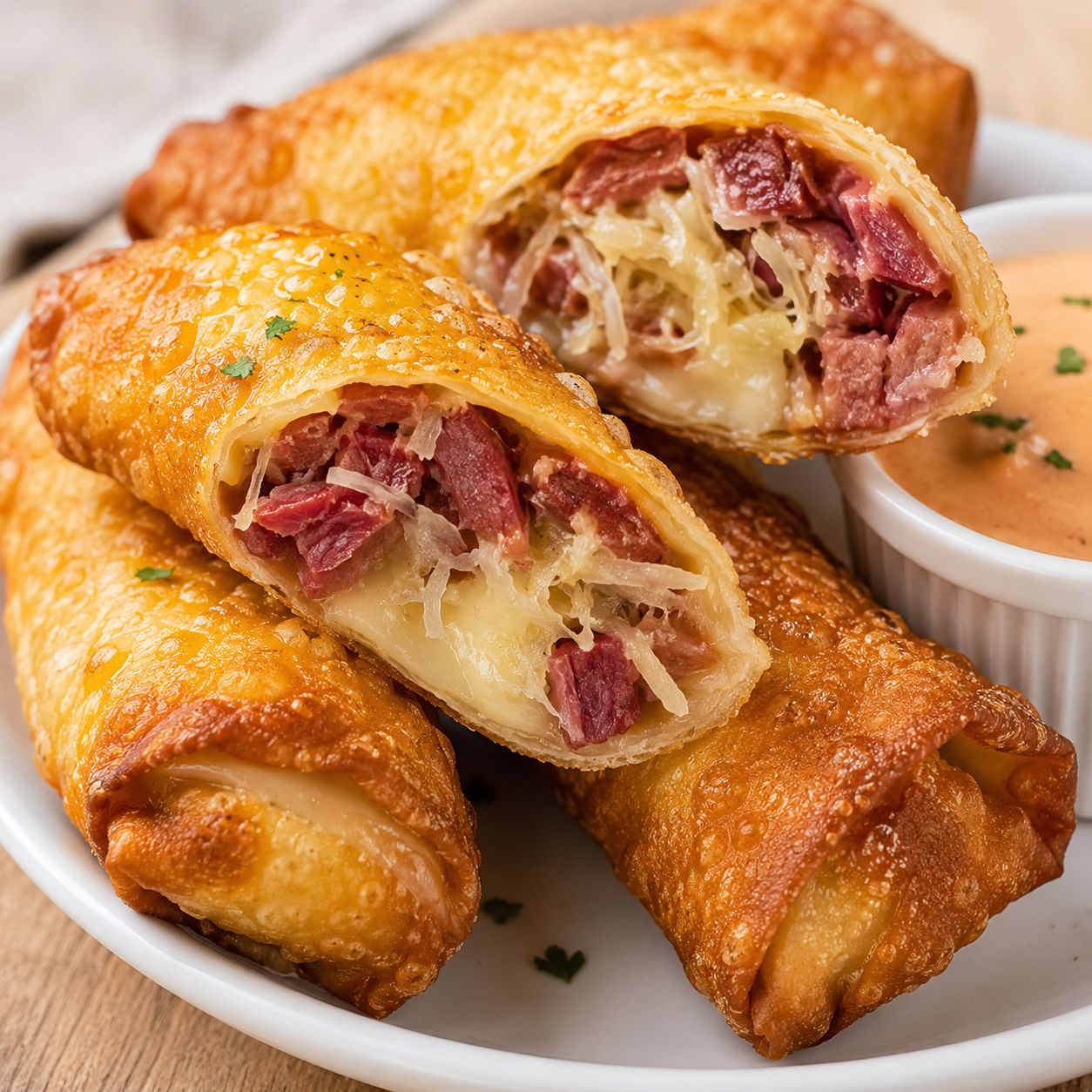 Golden crispy Reuben egg rolls sliced to show corned beef and cheese filling with dipping sauce