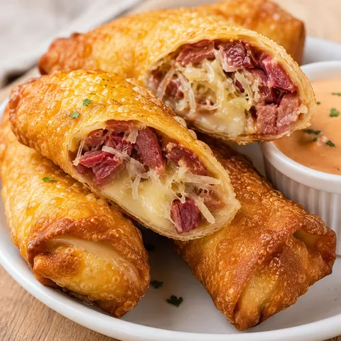 Golden crispy Reuben egg rolls sliced to show corned beef and cheese filling with dipping sauce