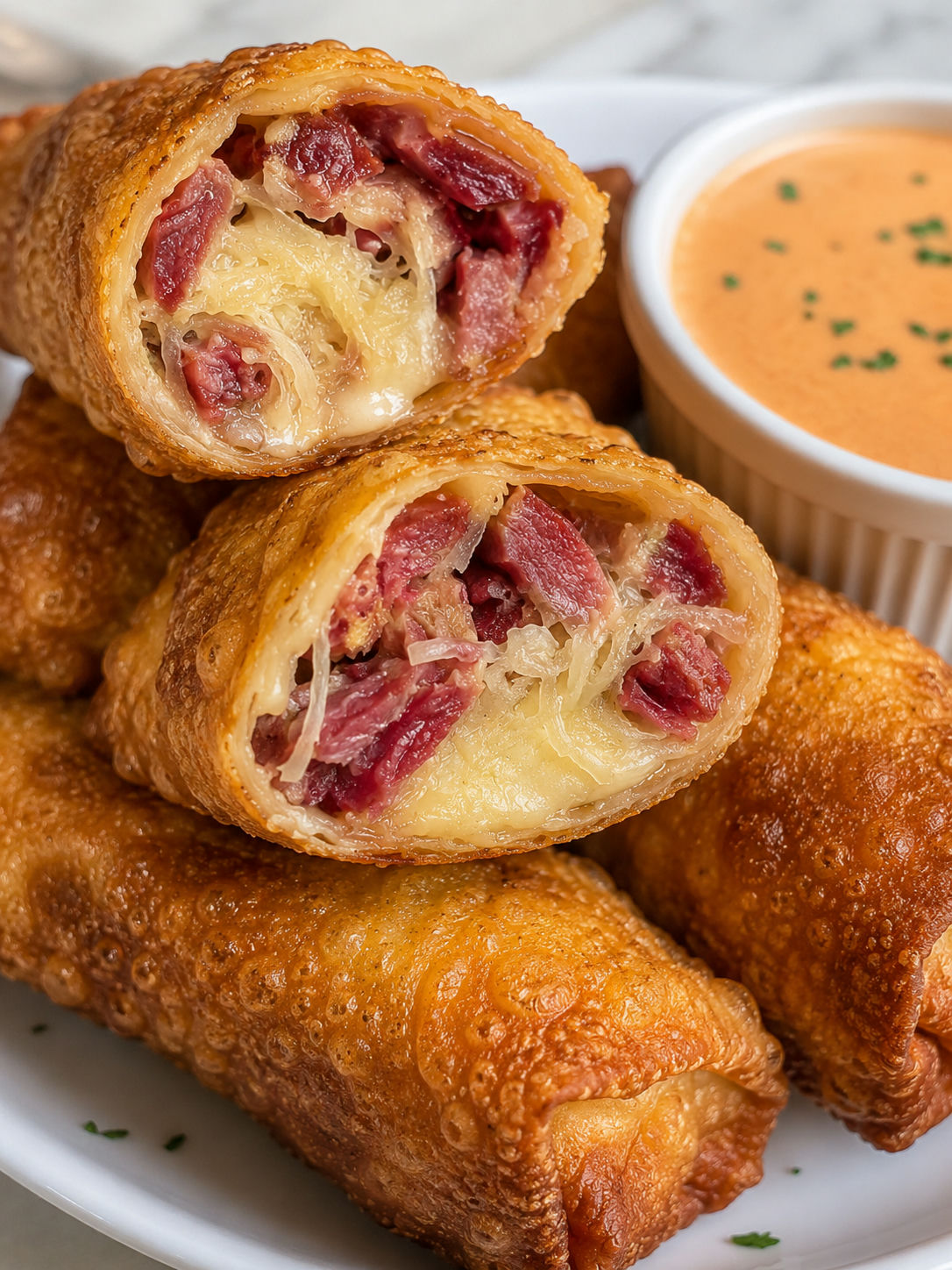 Savory Reuben Egg Rolls, plated and served