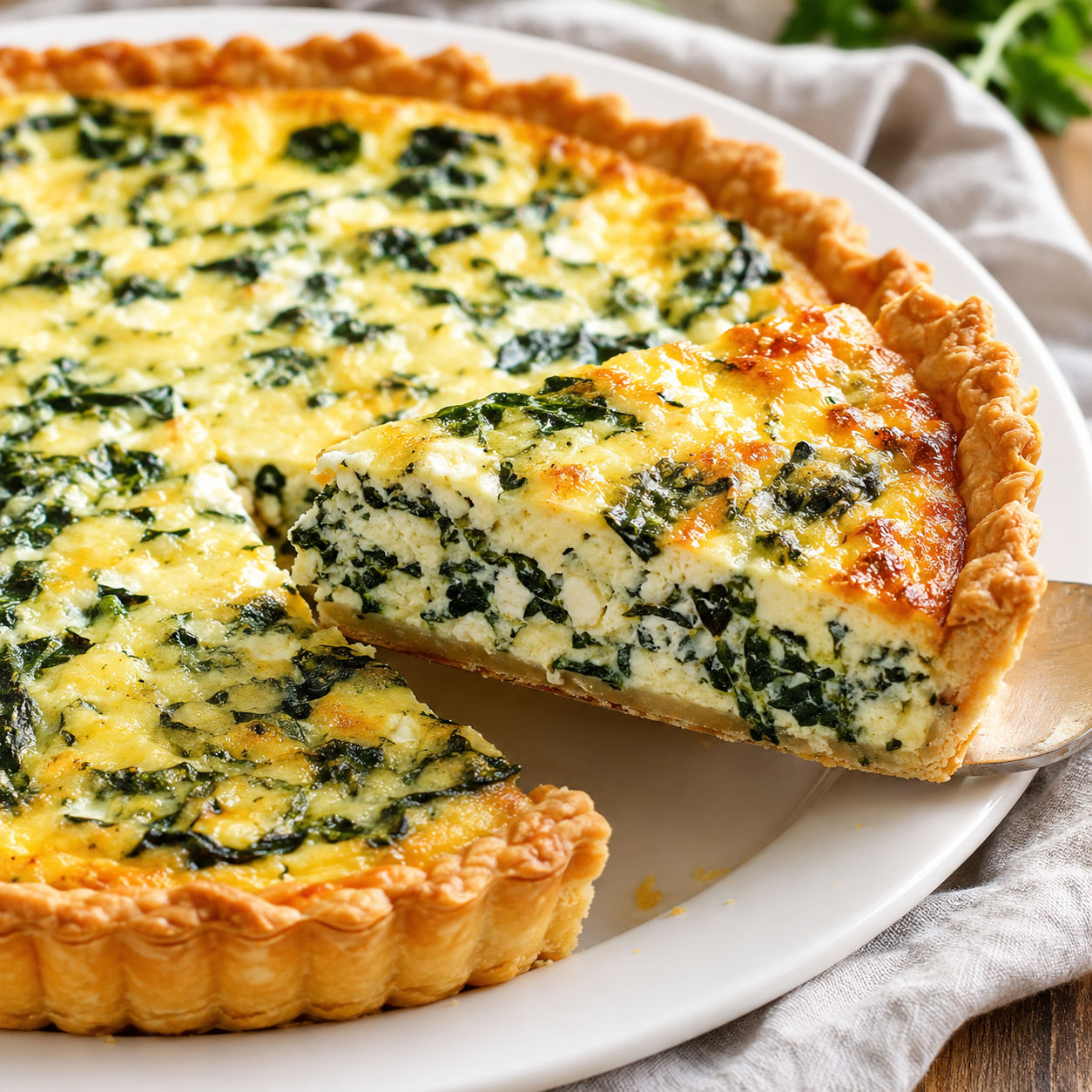 Savory ricotta and spinach quiche with a golden crust and creamy filling