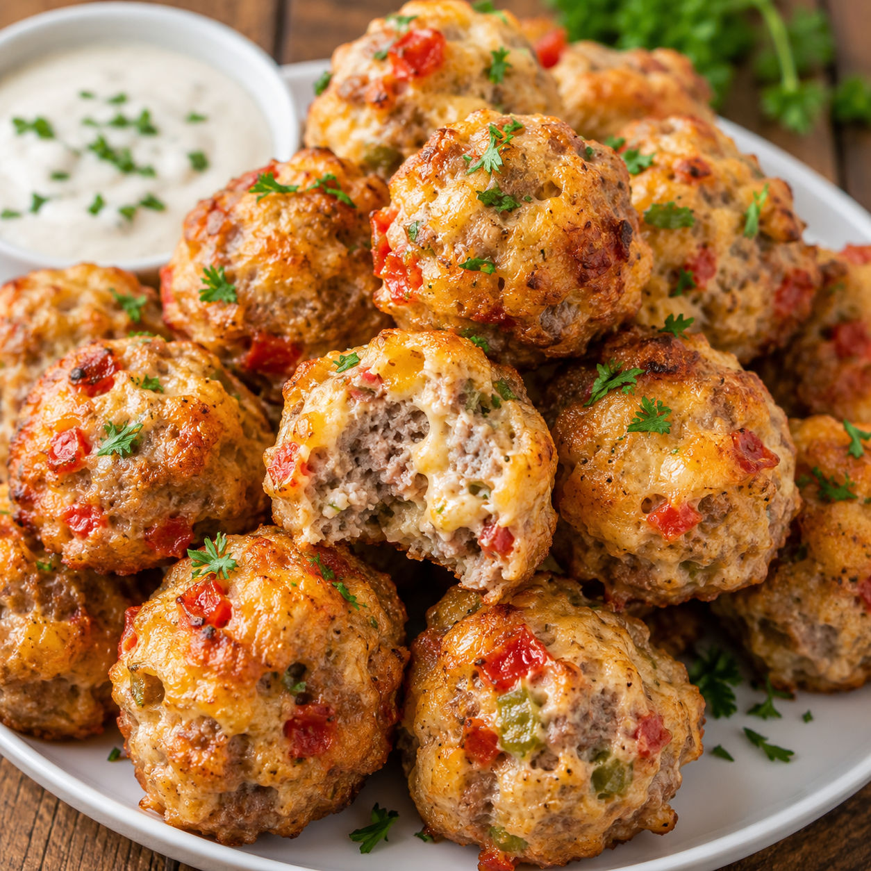 Golden Rotel cream cheese sausage balls with parsley and ranch dip