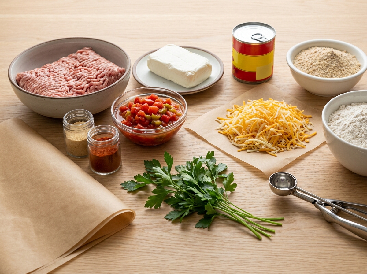 Ingredients for Rotel cream cheese sausage balls on a wooden surface