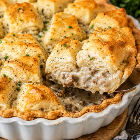 Sausage gravy biscuit pie with golden biscuits and creamy filling