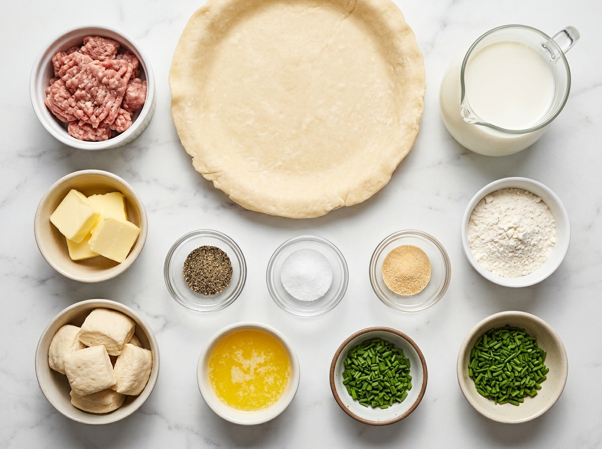 Ingredients for sausage gravy biscuit pie on a light wood counter