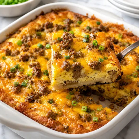 Sausage crescent roll breakfast casserole with cheddar and green onions
