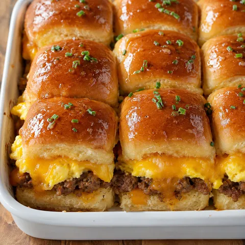 Sausage egg cheese sliders on Hawaiian rolls with glossy maple butter