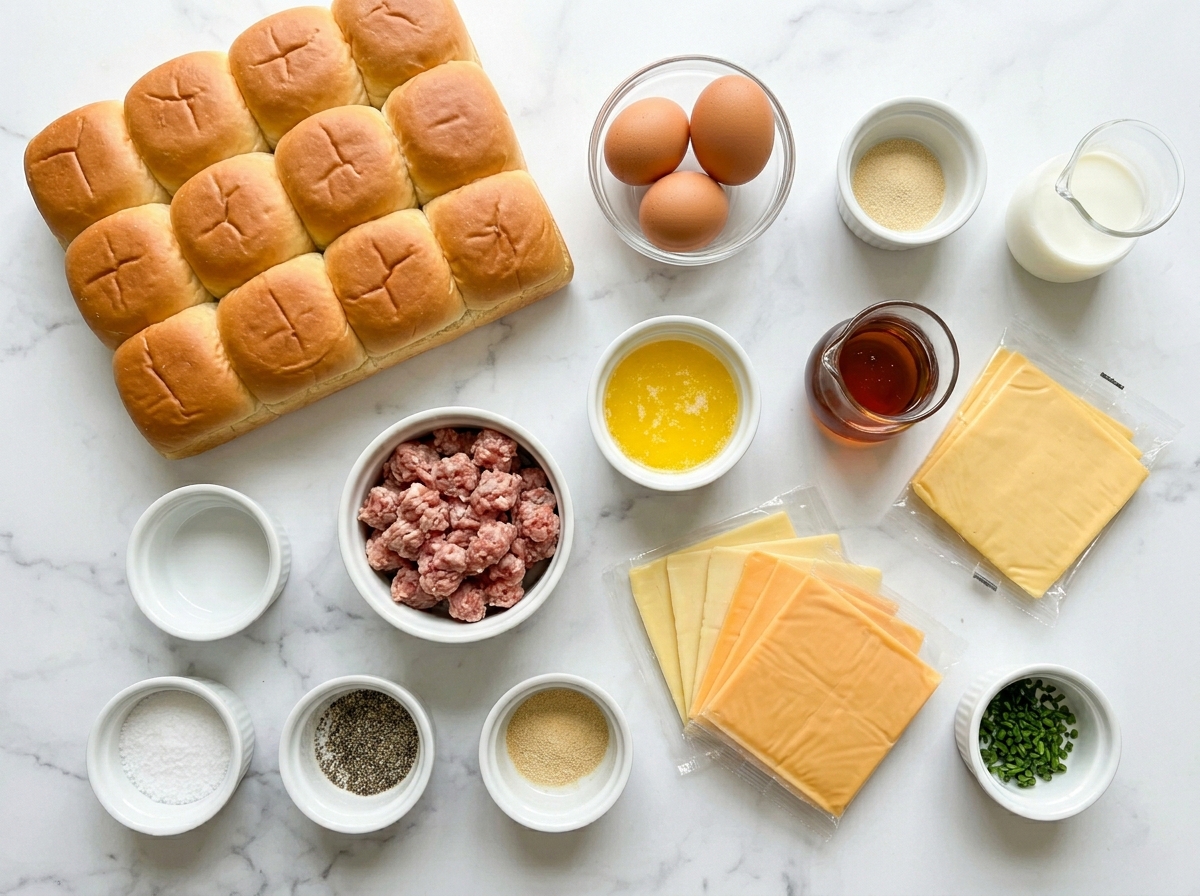 Ingredients for sausage egg cheese sliders with Hawaiian rolls and maple butter