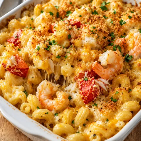 Baked seafood mac and cheese with lobster, shrimp, crab, and crispy panko topping