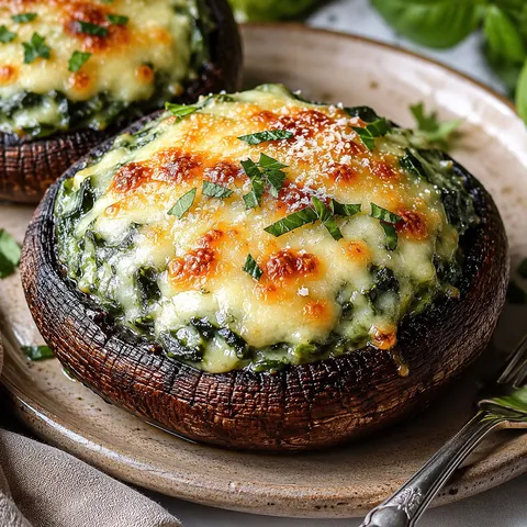Spinach and cheese stuffed portobello mushrooms with basil and melted mozzarella