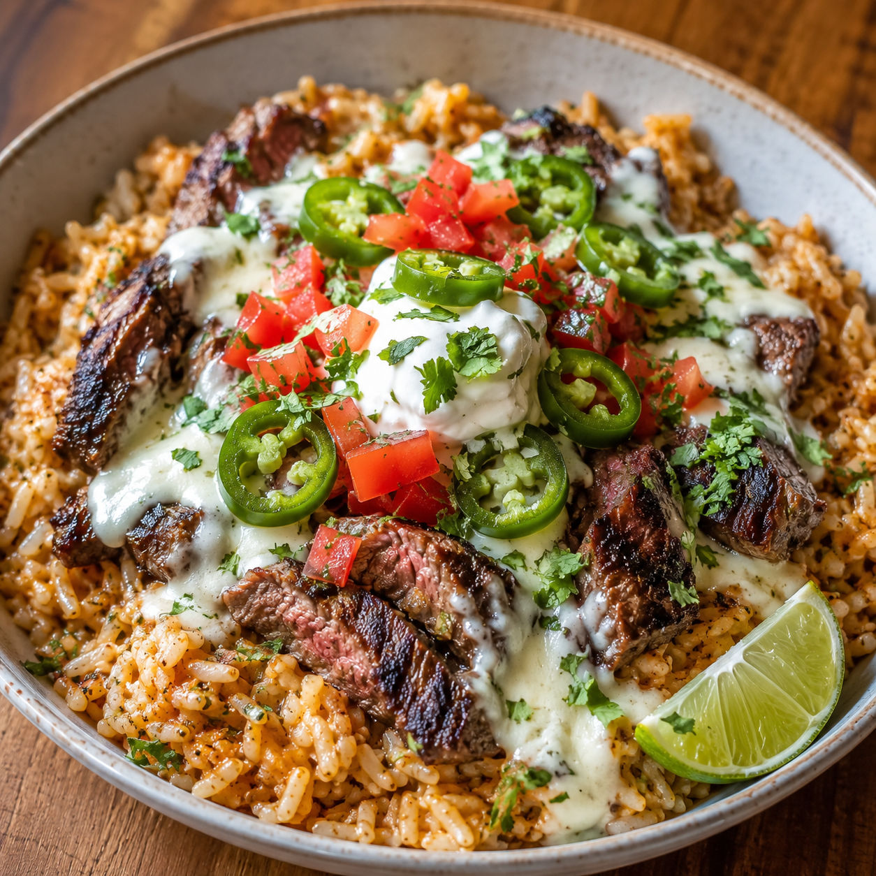 Steak queso rice bowl with cilantro, tomatoes, jalapeno, and lime