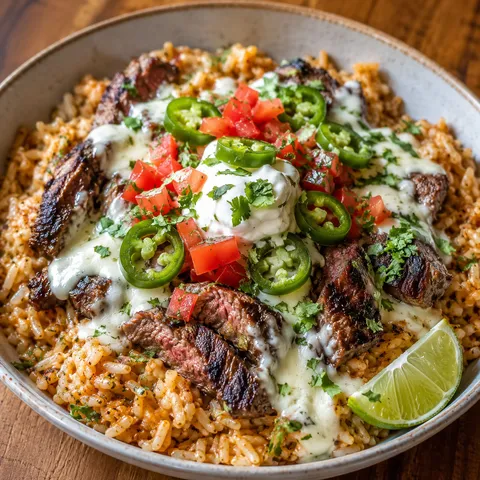 Steak queso rice bowl with cilantro, tomatoes, jalapeno, and lime