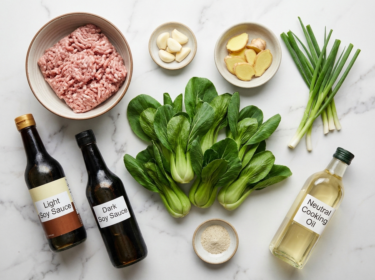 Raw baby bok choy, ground pork, garlic, ginger, scallions, and soy sauces
