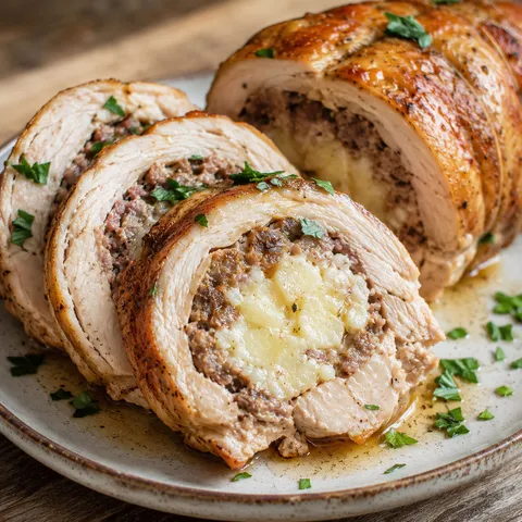 Sliced savory stuffed meat and chicken roll with creamy potato filling