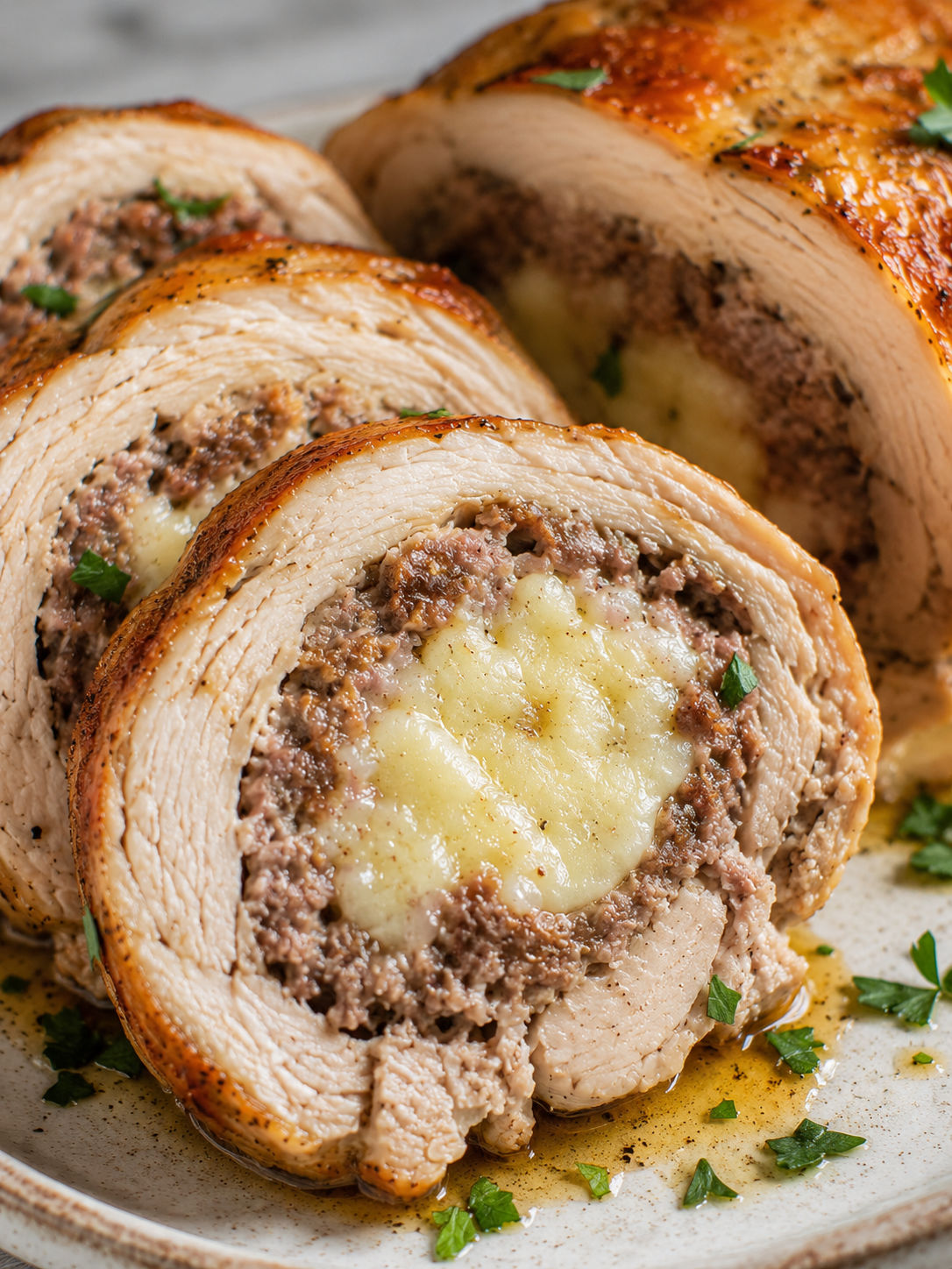 Savory Stuffed Meat and Chicken Roll, plated and served