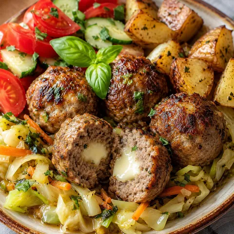 Stuffed meatballs with melted cheese, vegetables, potatoes, and herbs
