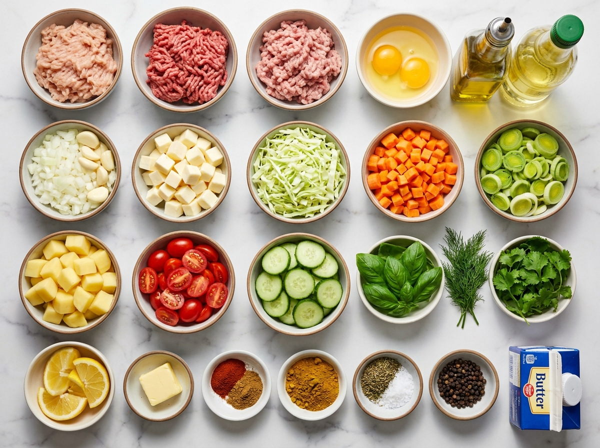Ingredients for cheese-stuffed meatballs with vegetables and potatoes