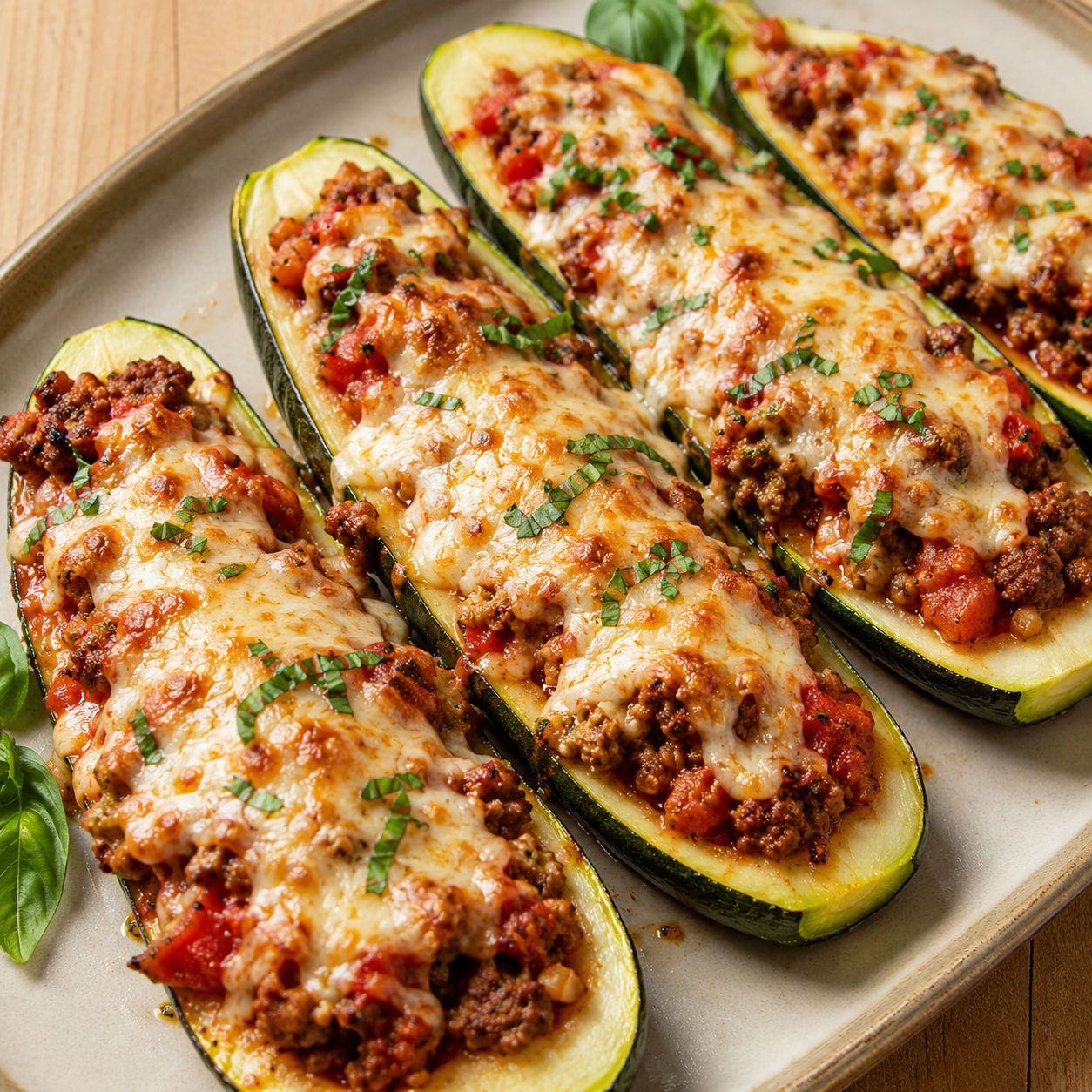 Baked savory stuffed zucchini boats topped with melted mozzarella and fresh basil