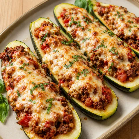 Baked savory stuffed zucchini boats topped with melted mozzarella and fresh basil