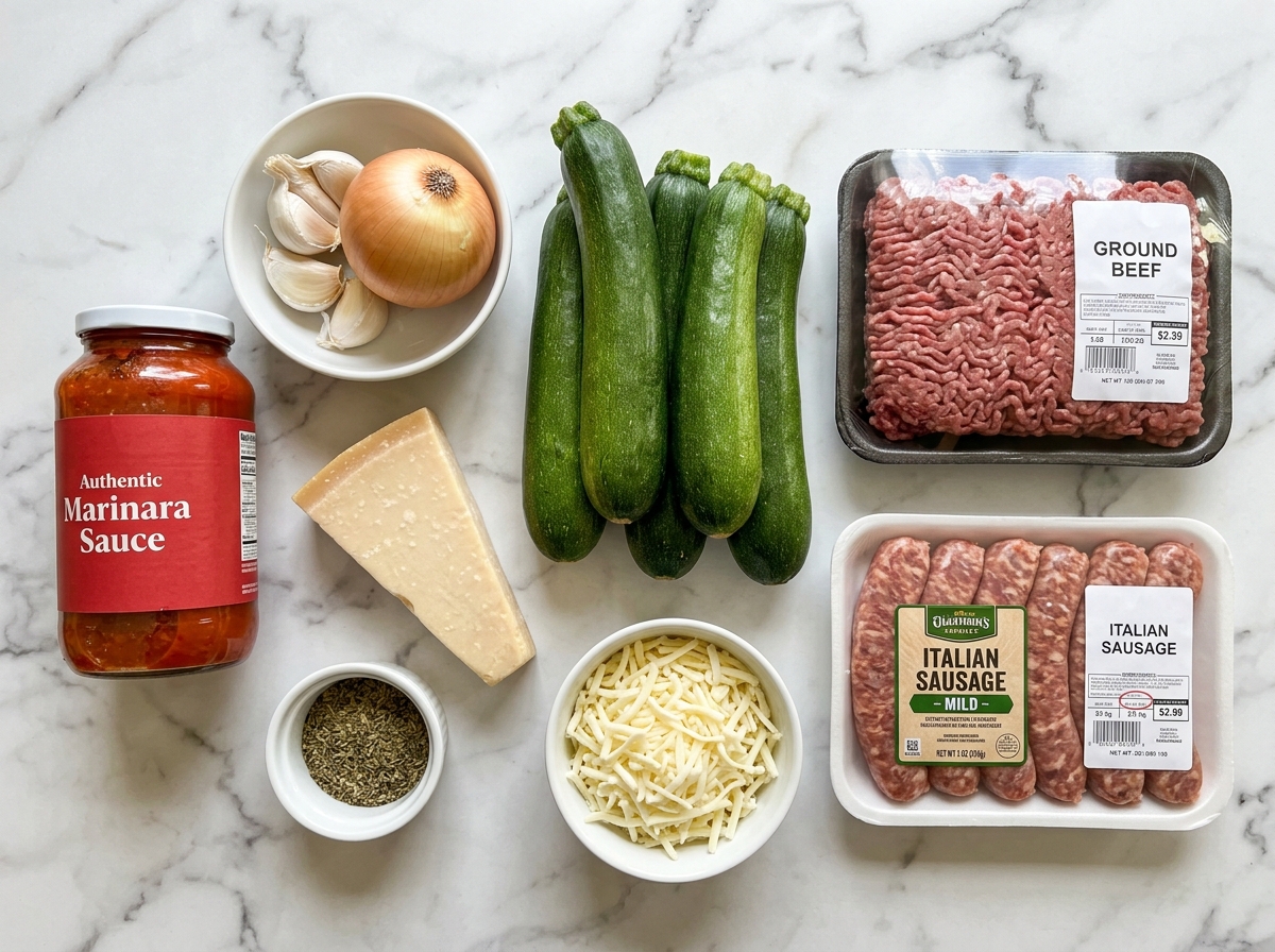 Raw zucchini, ground beef, Italian sausage, marinara sauce, and cheeses on wood