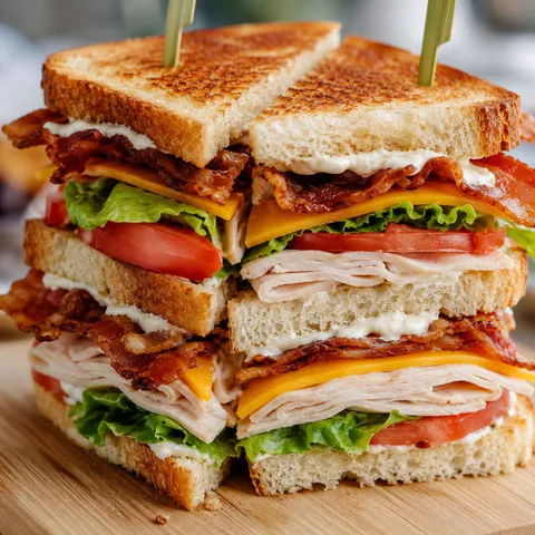 Triple-decker turkey ranch club sandwich with bacon, cheddar, and tomato on sourdough