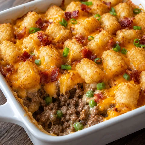 Tater tot casserole with cheddar, crispy bacon, and green onions