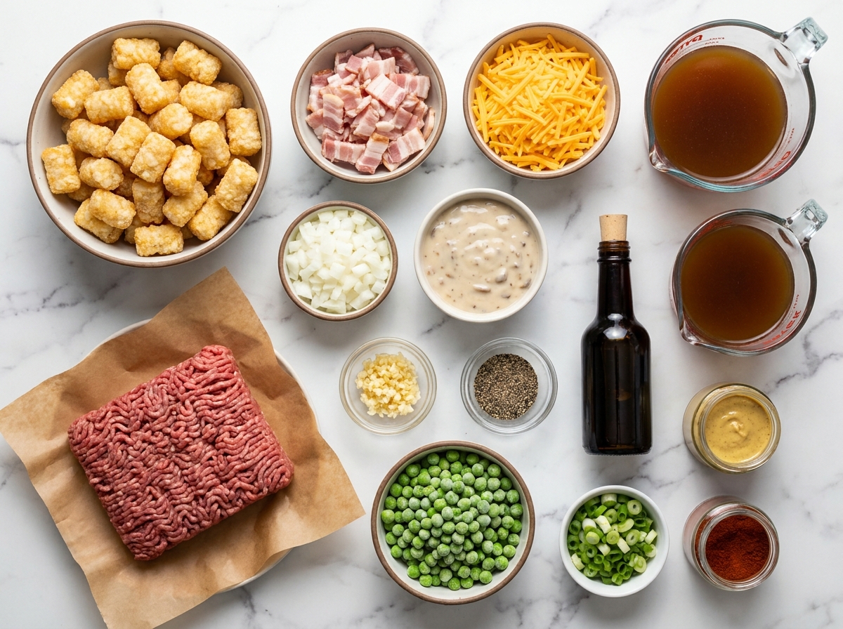 Ingredients for tater tot casserole with beef, cheddar, bacon, and peas