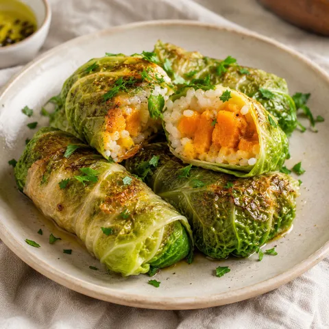 Savoy cabbage rolls with golden pumpkin rice filling and parsley