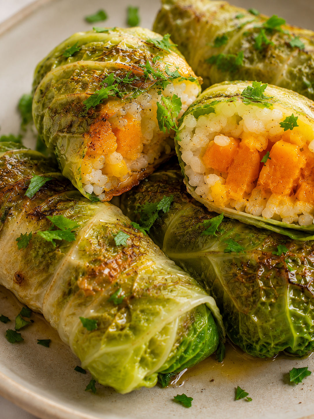 Savoy Cabbage Rolls Stuffed with Pumpkin, plated and served