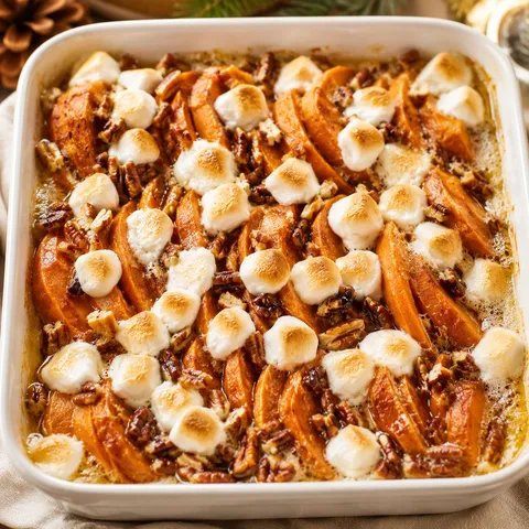 Scalloped sweet potatoes with toasted marshmallows and pecans