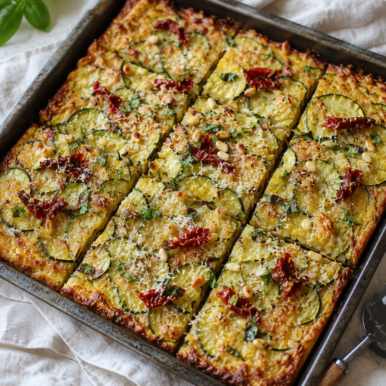 Golden zucchini scarpaccia with sundried tomatoes, herbs, pine nuts, and Parmesan