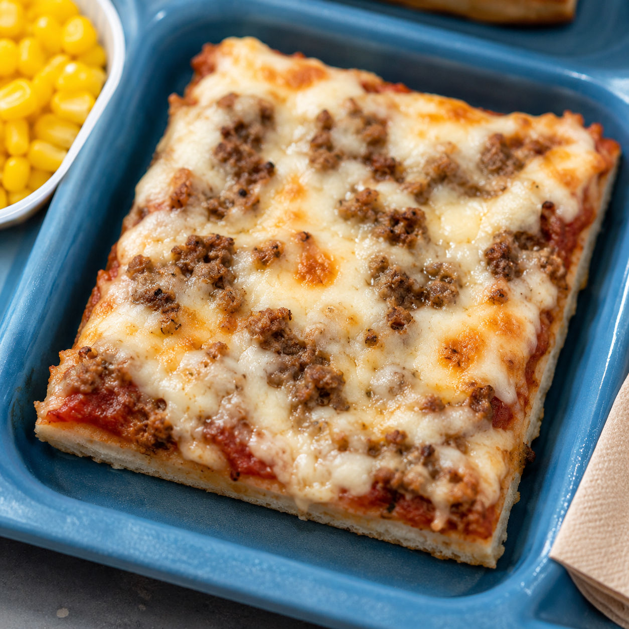 School Cafeteria Pizza rectangles with beef and melted mozzarella on a tray