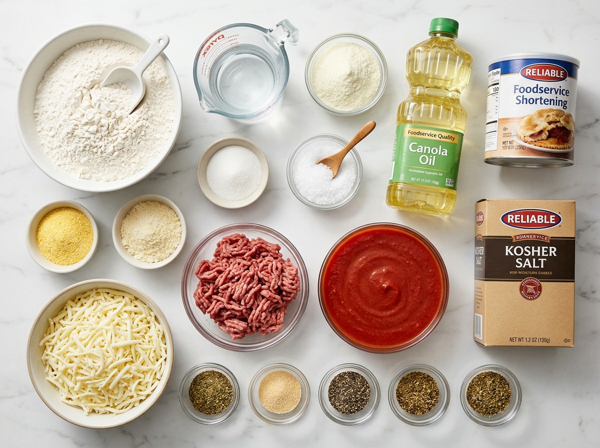 Ingredients for School Cafeteria Pizza with flour, beef, sauce, and mozzarella