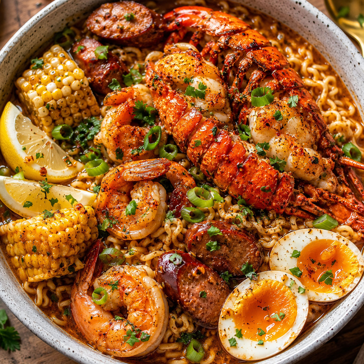 Seafood boil ramen with shrimp, lobster, sausage, corn, and jammy eggs