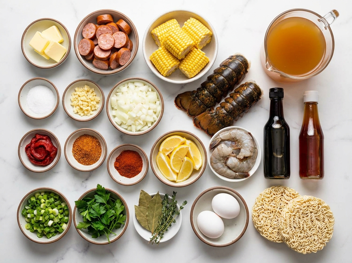 Ingredients for seafood boil ramen with lobster, shrimp, sausage, and corn