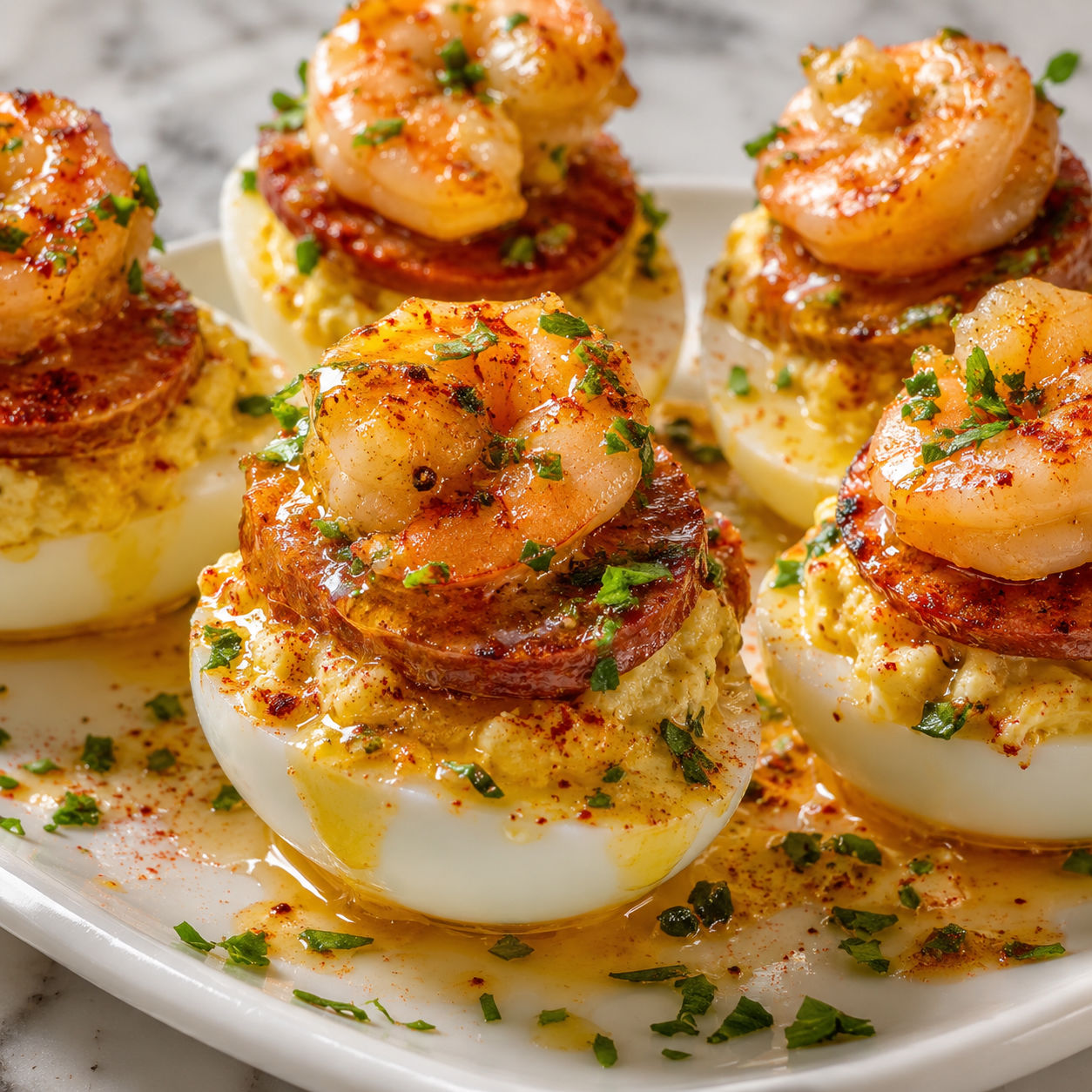 Seafood boil deviled eggs topped with shrimp, sausage, and garlic butter sauce
