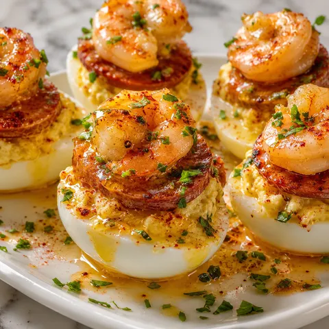 Seafood boil deviled eggs topped with shrimp, sausage, and garlic butter sauce