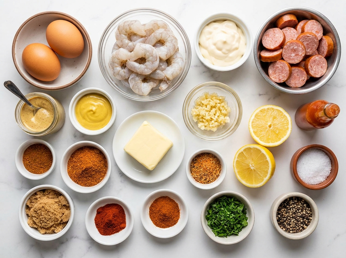 Ingredients for shrimp and sausage seafood boil deviled eggs on a counter
