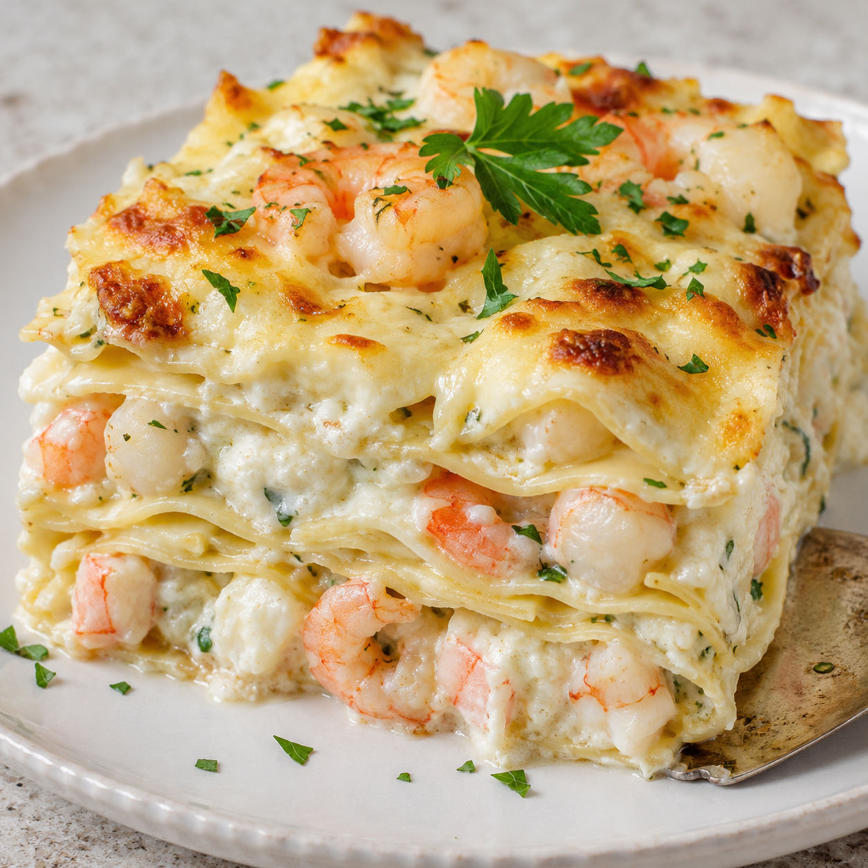 Seafood lasagna slice with shrimp, crab, scallops, and browned mozzarella