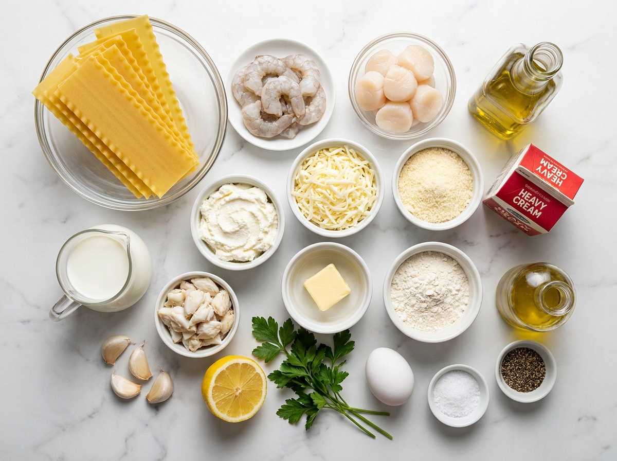 Ingredients for seafood lasagna with shrimp, crab, scallops, and cheeses