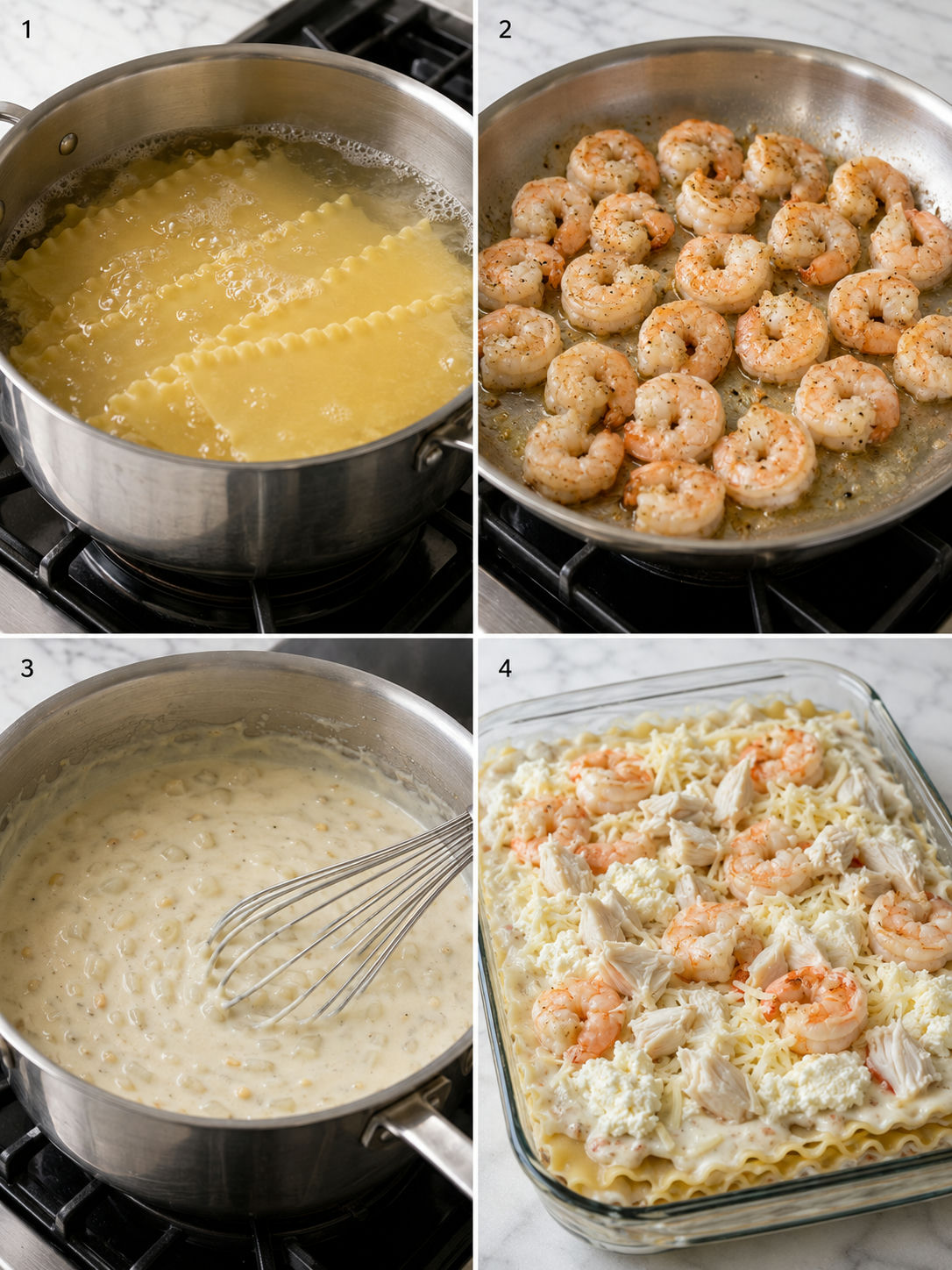 Four cooking steps for seafood lasagna with shrimp and crab