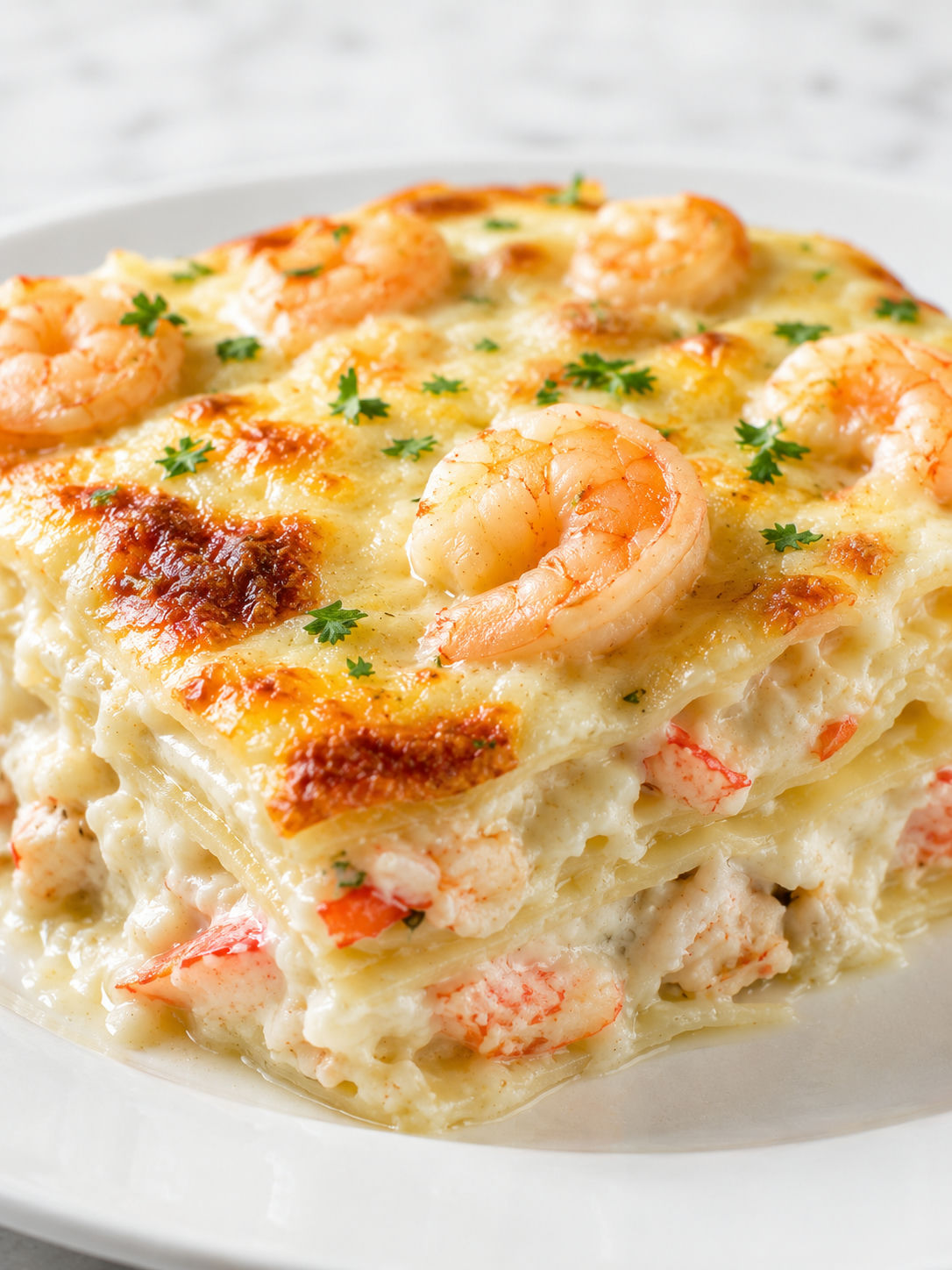 Creamy seafood lasagna with shrimp and crab lifted from the pan