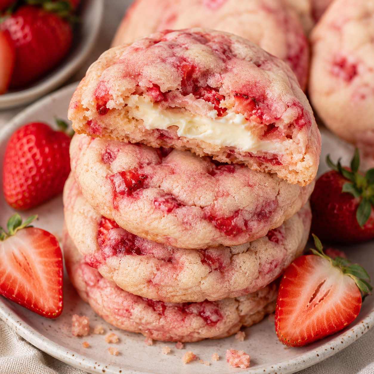 Strawberry cheesecake cookies with creamy centers and fresh strawberries