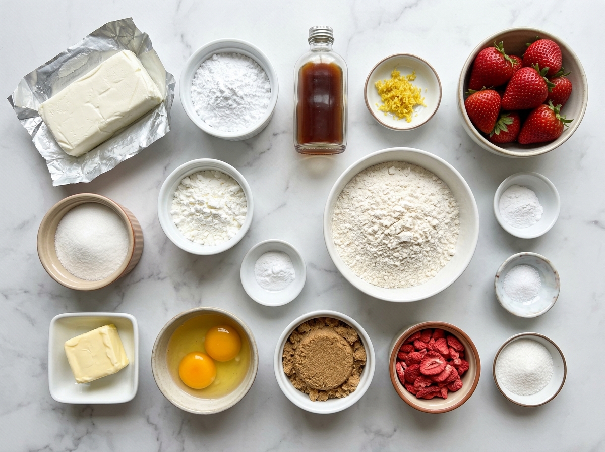 Ingredients for strawberry cheesecake cookies on a pale wooden counter