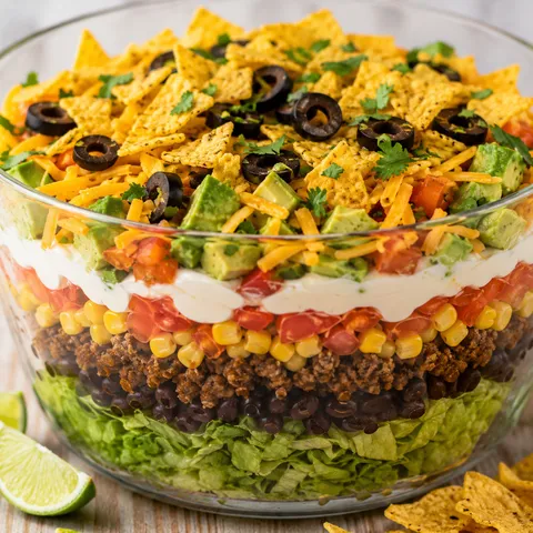 Seven-Layer Taco Salad in a glass bowl with avocado, olives, and chips