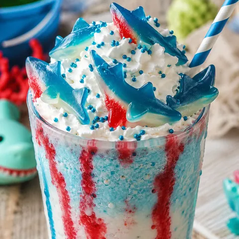 Blue Shark Week Frappuccino with strawberry streaks and shark gummies