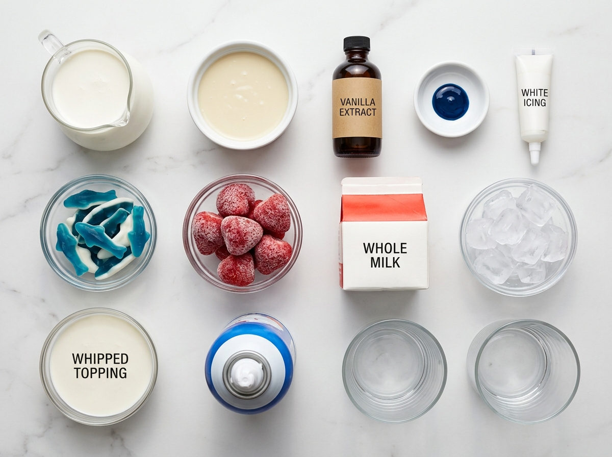 Ingredients for a blue Shark Week Frappuccino with strawberries and gummies