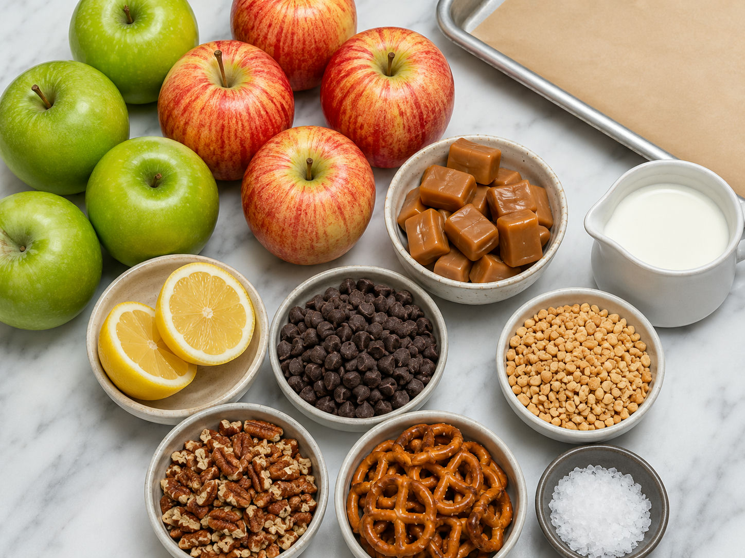 Ingredients for sheet pan caramel apples with apples, caramel, chocolate, and nuts
