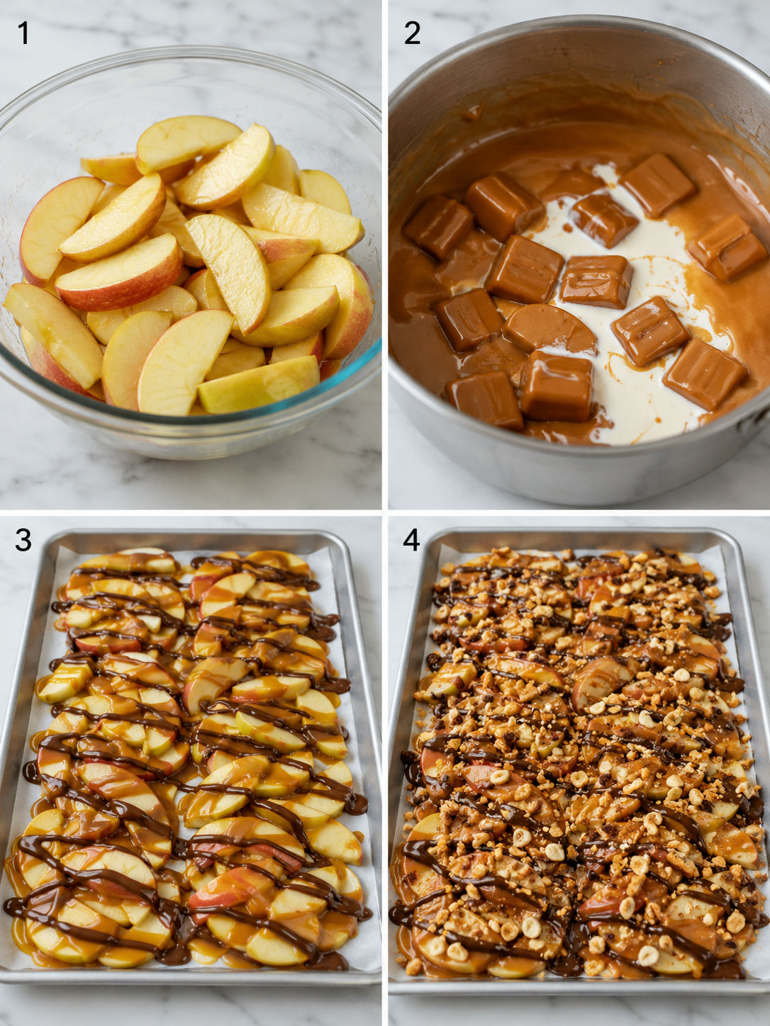 Four steps for making sheet pan caramel apples with drizzles and toppings